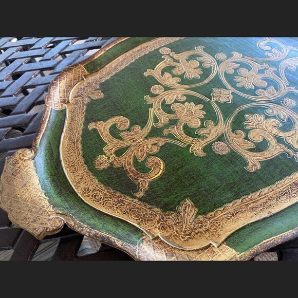 Vintage Florentine Tray - Green & Gilt Gold - 15" x 23" - Made in Italy Stamp - Picture 7 of 8